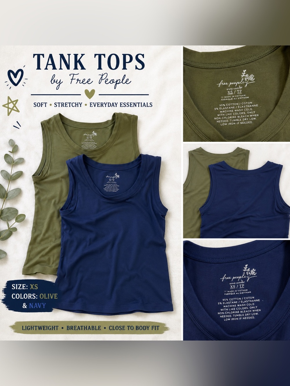 Free People Olive & Navy Ribbed Tank Tops - Crewneck Layering Set